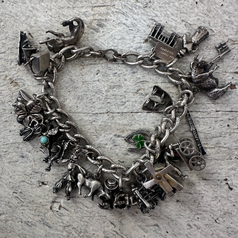 Vintage 50s Chunky Sterling Silver Unique Full Charm Bracelet